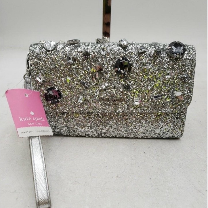 Nwt Kate Spade Silver Glitter N Bejeweled Wristlet